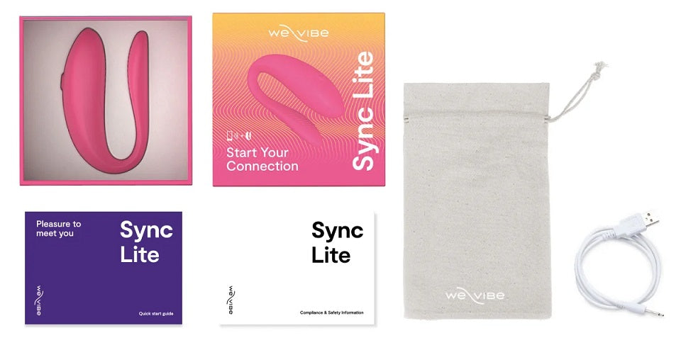 粉紅色We-Vibe Sync Lite情侶震動器,展示其光滑設計和控制界面,適合情侶共享的成人用品。
