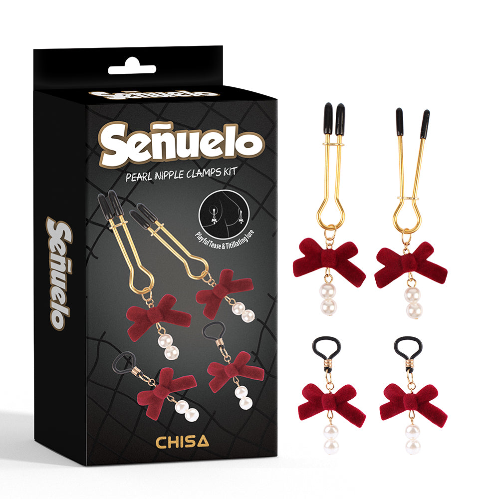 CHISA - Pearl Nipple Clamps Kit 紅蝴蝶結珍珠吊墜乳頭夾