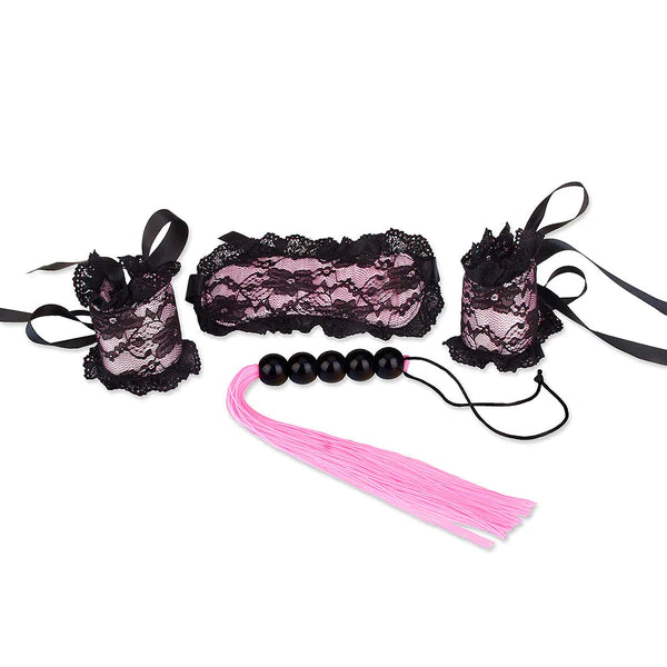 S&M Essentials(美國)LACE CUFFS/MASK AND FLOGGER SET BDSM束縛套裝(粉紅色)