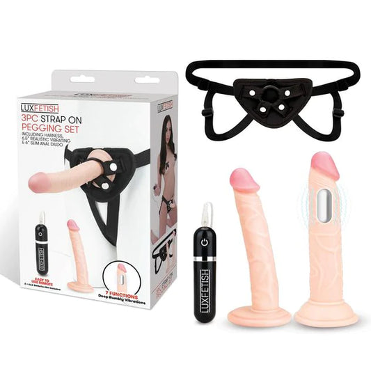 Lux Fetish(美國) 3 PC Strap-On Pegging Set6.5寸和8.5寸震動式雙陽具 連腰帶套裝