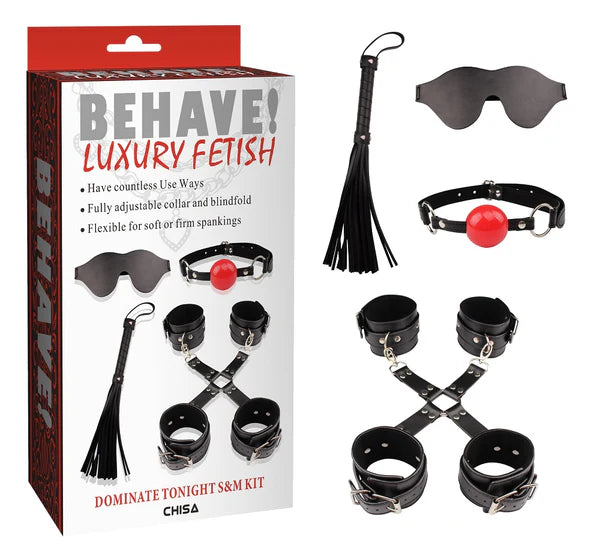 黑色CHISA捆绑套装，包括4件S&M用品，适合 BDSM 体验，展示套装中的束缚用品和配件。
