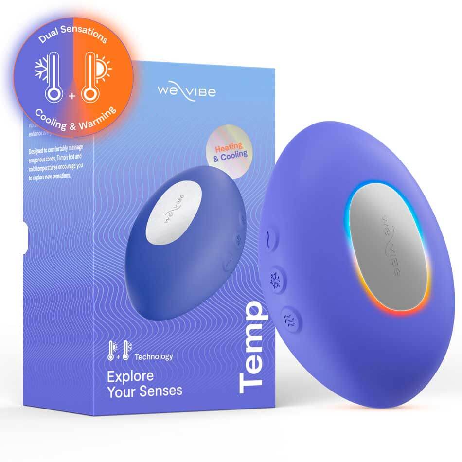 薰衣草藍色We-Vibe Temp可調節冷熱感按摩器，帶有流線設計和控制按鈕的特寫照片