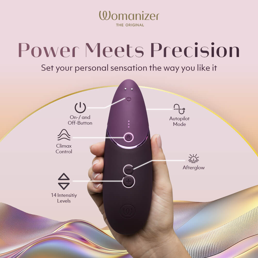 暗紫色Womanizer阴蒂吸啜器，女性成人情趣用品，具有多档振动功能，便于手持使用