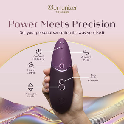 暗紫色Womanizer阴蒂吸啜器，女性成人情趣用品，具有多档振动功能，便于手持使用