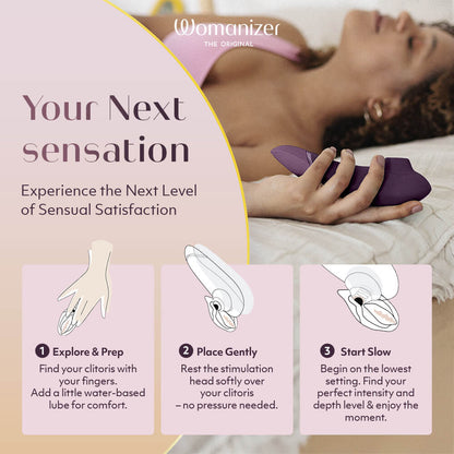 暗紫色女用Womanizer陰蒂吸啜器，手持設計，適合提升敏感度的成人情趣用品。