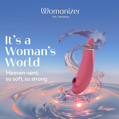 紅莓色Womanizer Premium 2陰蒂吸啜器，展示產品的外觀和設計細節