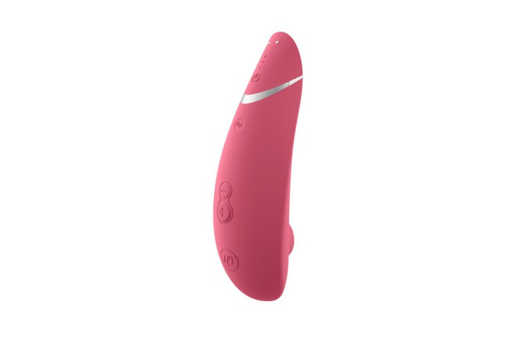 18funstore Womanizer Premium 2陰蒂吸啜器，紅莓色，展示產品正面設計與手持部分細節