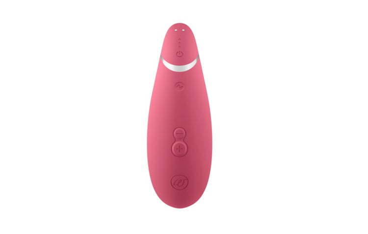 紅莓色Womanizer Premium 2陰蒂吸啜器，展示產品的外觀與設計細節