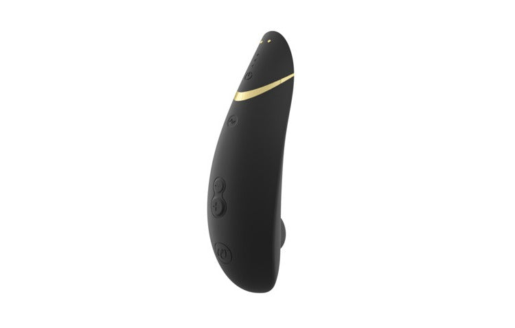 黑色Womanizer Premium 2陰蒂吸啜器，展示產品的外觀和設計細節