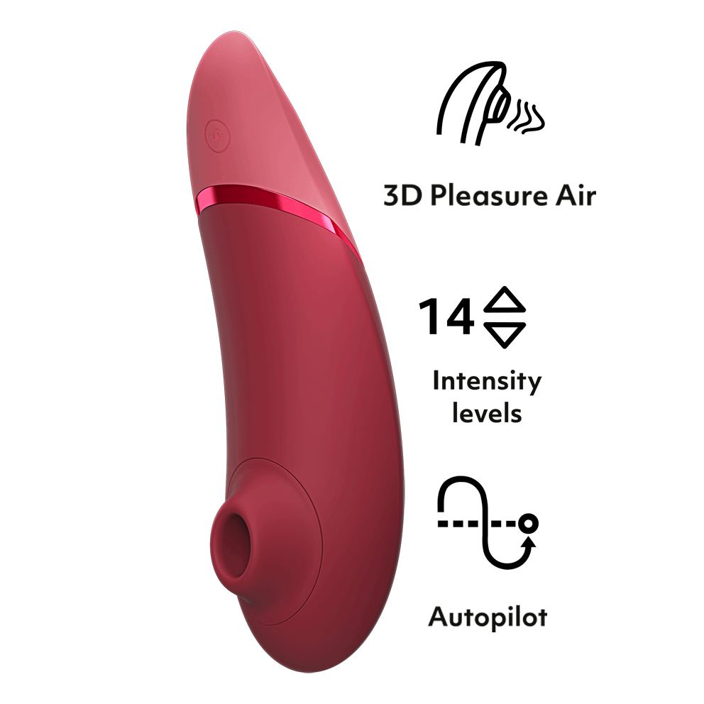 酒红色Womanizer 3D阴蒂吸啜器，18funstore品牌女性玩具，显示吸啜头和控制按钮的细节