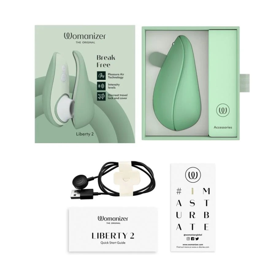 草绿色Womanizer Liberty 2代便携阴蒂吸吮器，紧凑设计适合旅行使用，手持式成人情趣用品