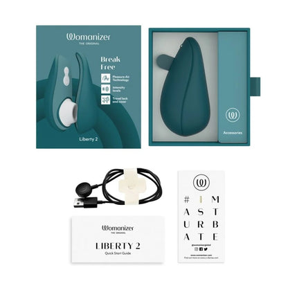 深綠色Womanizer Liberty 2女士陰蒂吸啜器，便攜設計，展示產品外觀和按鍵細節