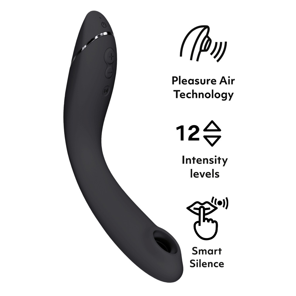 深灰色Womanizer OG Pleasure Air G点吸啜器，女性性玩具，适用于G点刺激，显示产品外观和设计细节