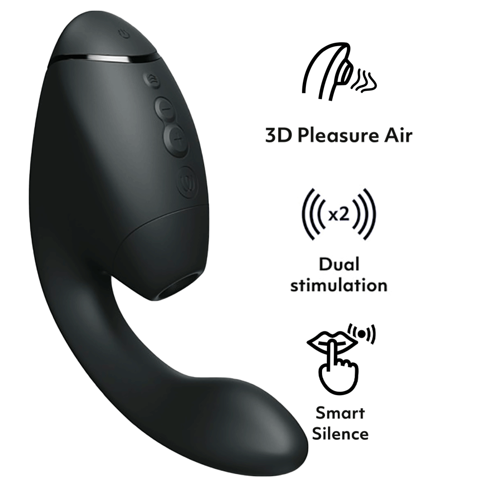 黑色Womanizer Next DUO 3D陰蒂吸啜與G點按摩器，展示產品的外觀與設計細節