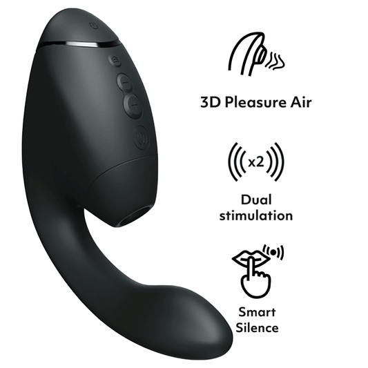 黑色Womanizer Next DUO 3D陰蒂吸啜與G點按摩器，展示產品的外觀與設計細節