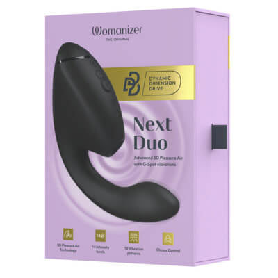 18funstore Womanizer Next DUO 3D黑色陰蒂吸啜及G點按摩器，展示產品外觀與設計細節