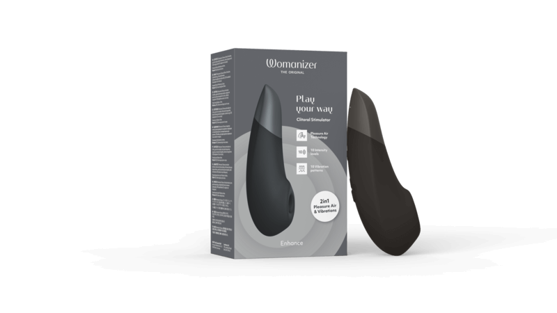 黑色Womanizer增強版Pleasure Air和深層震動陰蒂刺激器，女性成人情趣用品，舒適設計。