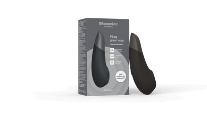 黑色Womanizer增強版Pleasure Air和深層震動陰蒂刺激器，女性成人情趣用品，舒適設計。