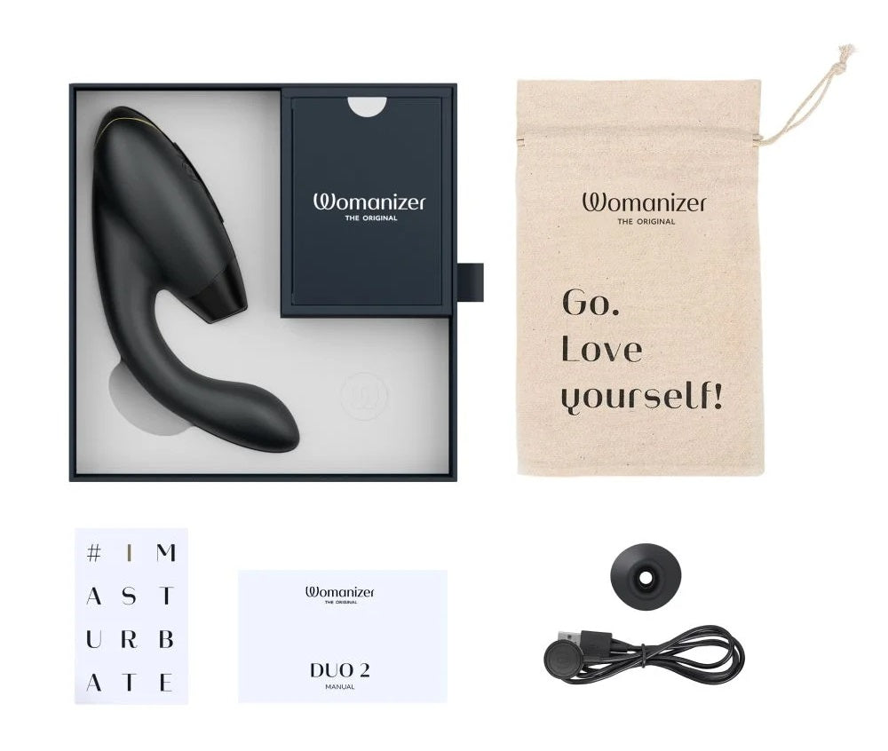 黑色Womanizer DUO 2阴蒂吸啜及G点按摩器，女性成人情趣用品，展示产品外观和设计细节