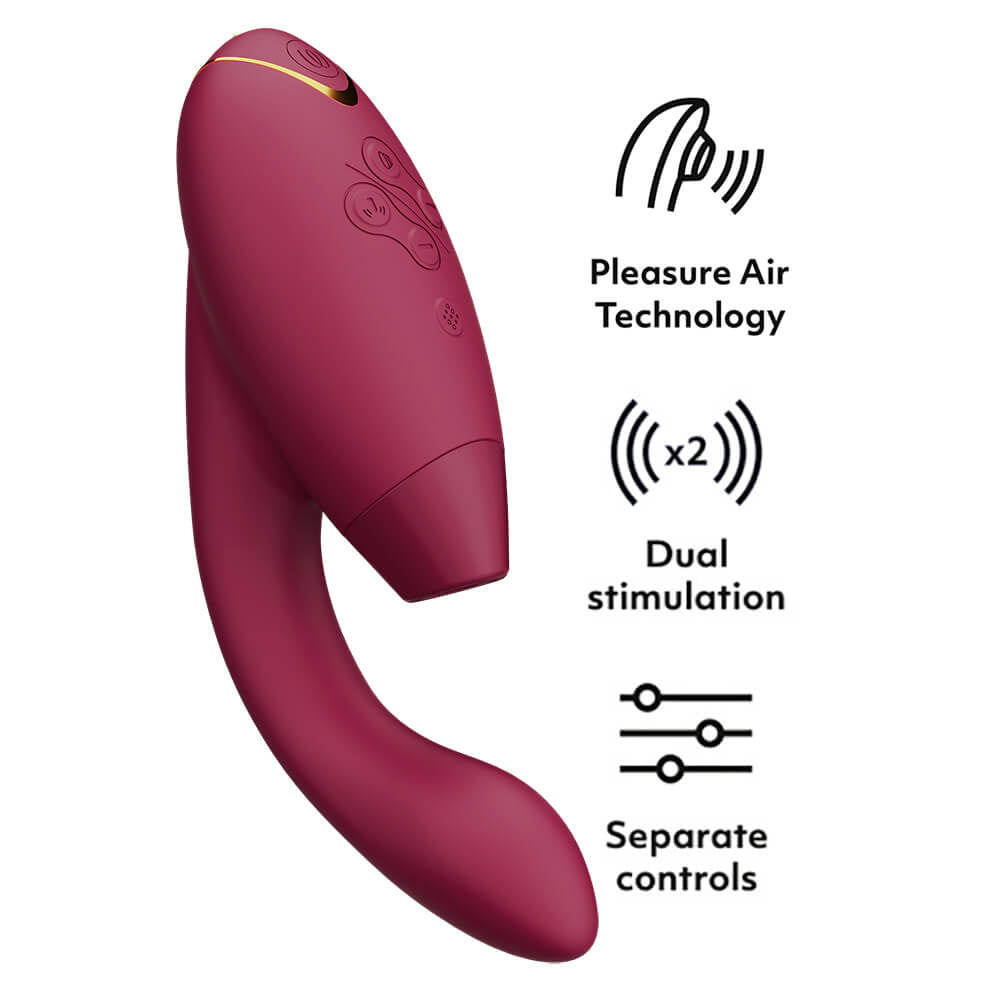 酒红色Womanizer DUO 2阴蒂吸啜及G点按摩器，精致设计，展现高品质成人情趣用品。
