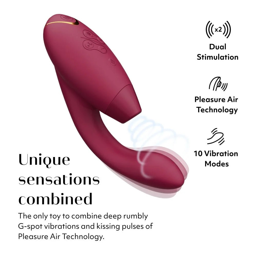 酒红色Womanizer DUO 2阴蒂吸啜及G点按摩器，展示产品细节和设计外观