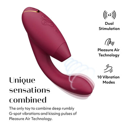 酒红色Womanizer DUO 2阴蒂吸啜及G点按摩器，展示产品细节和设计外观