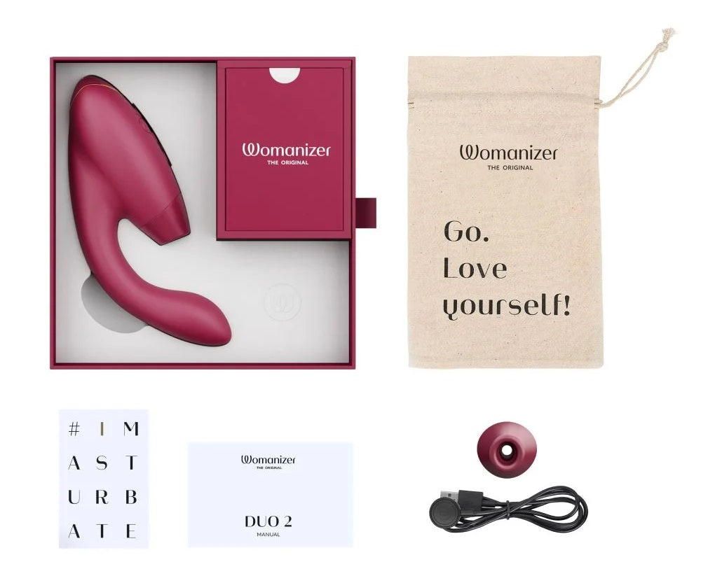 酒红色Womanizer DUO 2阴蒂吸啜及G点按摩器，展示产品的外观和设计细节