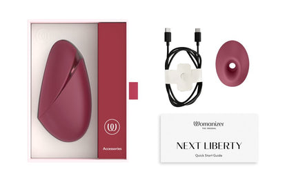 酒紅色Womanizer Next Liberty 3D陰蒂吸啜器，女性成人情趣用品，展示產品外觀與設計細節