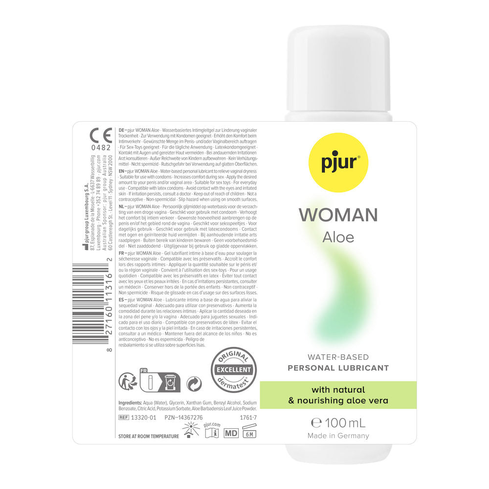 Pjur Woman Aloe蘆薈保濕水性潤滑液瓶身，透明包裝展示30ml容量，適合女性使用的潤滑產品